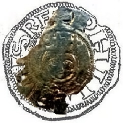 Philippe Auguste II en bisschop Roger de Rosoi, denier, Laon, z.j. 1174-1201