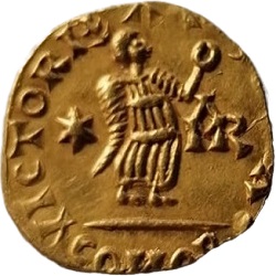 Gundomar II, Tremissis op naam van Justinianus I, z.mpl., z.j. ca 527-532