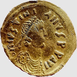 Frankische imitatie, Tremissis op naam van Justinianus I, z.j. ca 550-600
